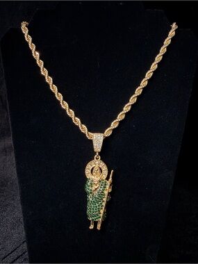 St. Jude & Rope Chain Set Clear & Green Pave’ CZ 18in 6MM Gold plated Beautiful